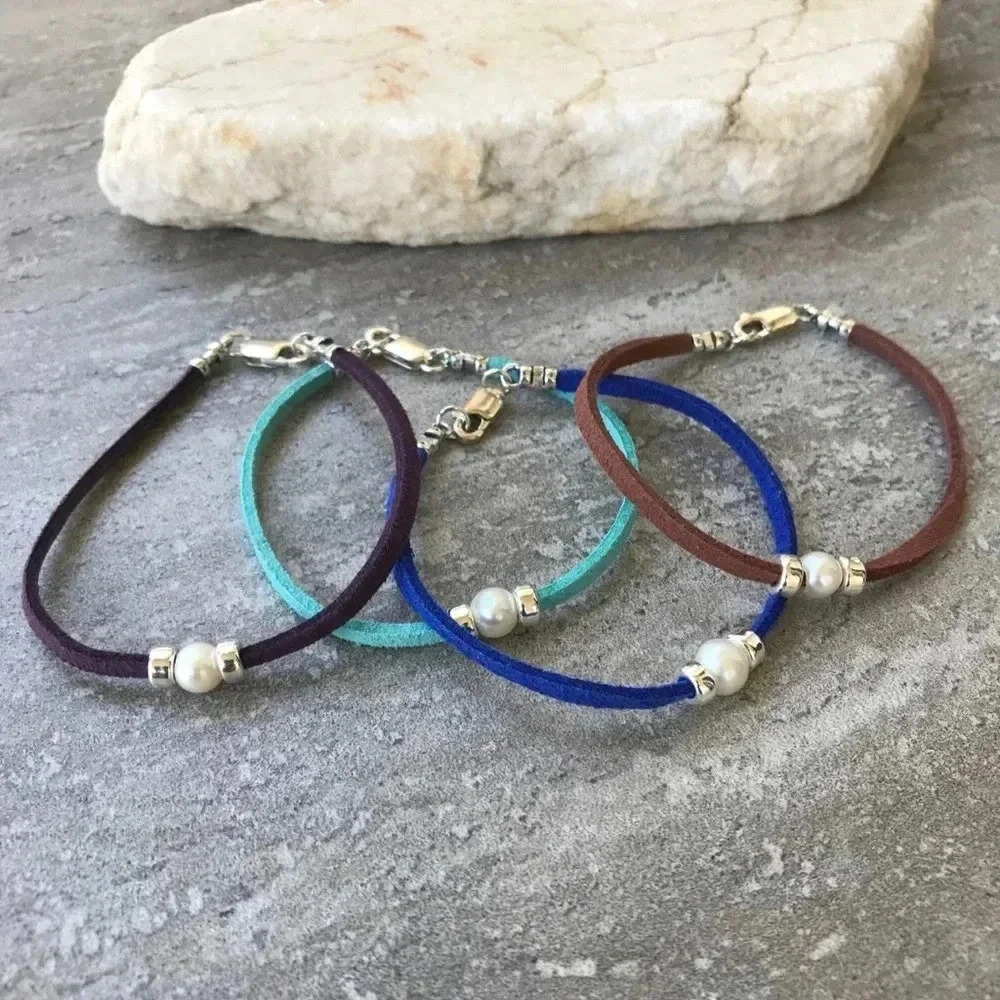 Skinny Bracelet,Faux Suede,Pearl Bracelet,Friendship Bracelets,Stacking Bracelet